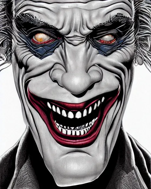 Prompt: christopher lloyd as the joker, big smile, grotesque, horror, high details, intricate details, by vincent di fate, artgerm julie bell beeple, 1 9 8 0 s, inking, vintage 8 0 s print, screen print