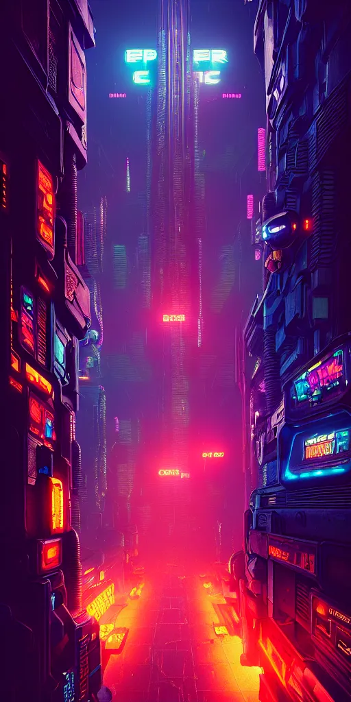 Image similar to epic cyberpunk arcade city : : blade runner, james guilleard, beeple, laurie greasley, dan mcpharlin : : ornate, dynamic, particulate, rich colors, intricate, elegant, highly detailed, centered, artstation, smooth, sharp focus, octane render, 3 d