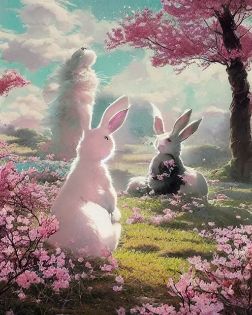 Prompt: ink on paper portrait of two white bunnies in colorfull kimonos in the foreground of a surreal environment with cherry blossoms by greg rutkowski and michael whelan