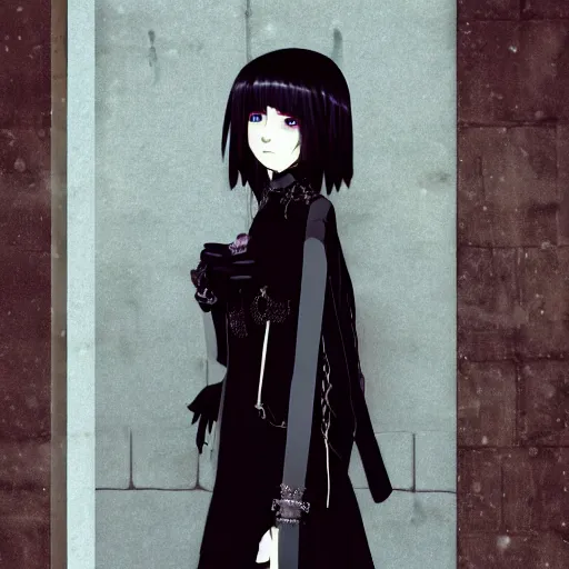 Image similar to 1 7 - year - old goth girl, black hair, long bob cut, long bangs, gothic coat, dark hallways, soft lighting, glowing keypads, secret society, roman pillars, strong lighting, strong shadows, vivid hues, ultra - realistic, sharp details, subsurface scattering, intricate details, hd anime, 2 0 1 9 anime