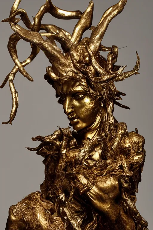 Image similar to a cinematic view of a ornated intricate mystic faun statue made by hedi xandt, chris haas and bernini, realistic, macabre art, partially covered by a wrapped black fabric veil, using few gold ornaments detailed image