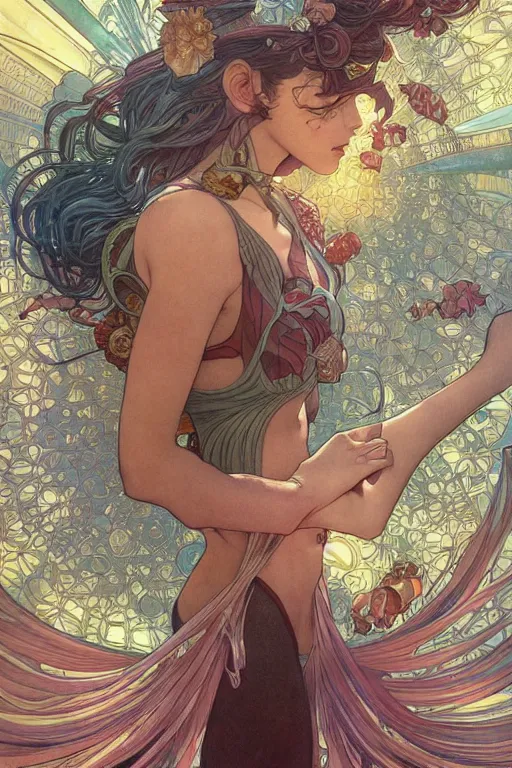 Image similar to swimming through time, by artgerm and yoshitaka amano and moebius and alphonse mucha, hyperdetailed, dc comics, ornate, nebula, explosions in the sky, trending on artstation