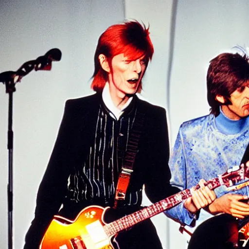 Prompt: david bowie and beatles collaboration concert in the 80s