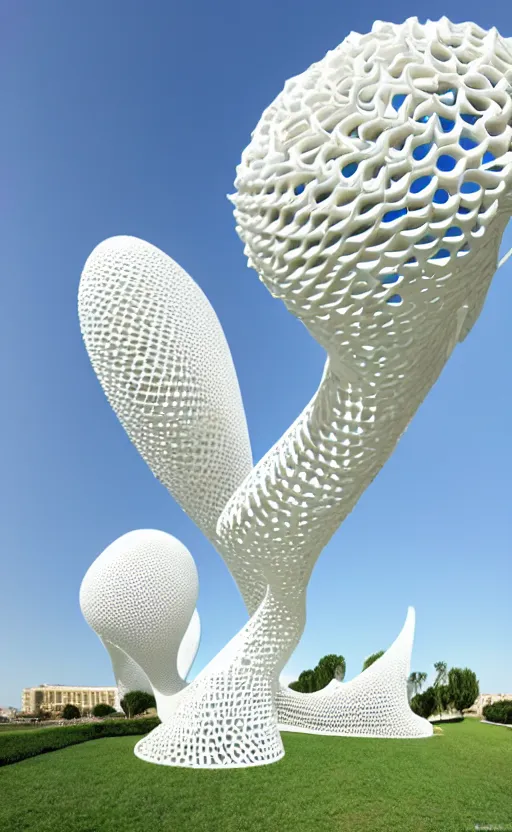 Prompt: elegant white art 3 d printed parametric installation with playful surreal tall lemon groves, beautiful sunny day, fluidity, vincent callebaut, mamou - mani, innovative voronoi pavilion with huge white magnolias above