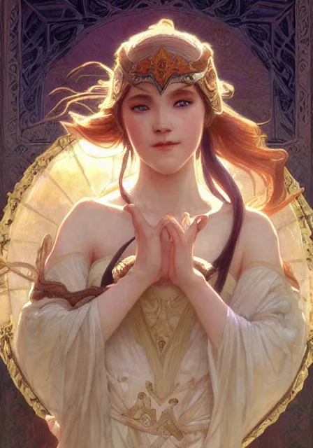 Image similar to zelda twilight princess, dance, intricate, elegant, highly detailed, digital painting, artstation, concept art, smooth, sharp focus, illustration, art by artgerm and greg rutkowski and alphonse mucha and william - adolphe bouguereau