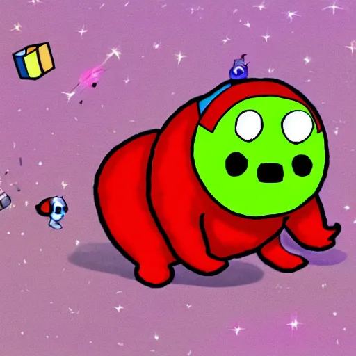 Prompt: tardigrade dressed as a clown, red nose, flying like nyancat