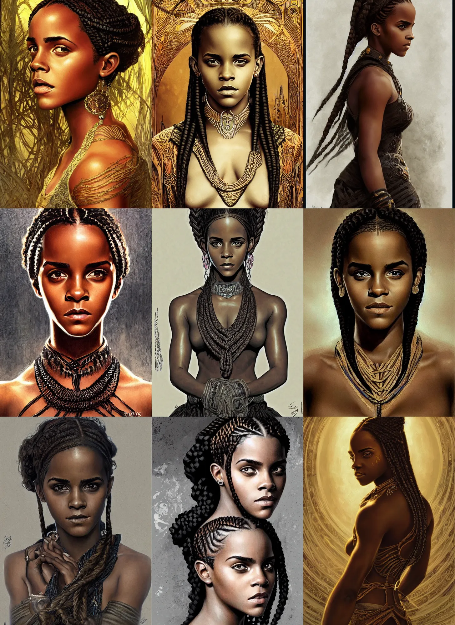 Prompt: black african emma watson symmetrical portrait, cornrows braids, intricate, elegant, highly detailed, concept art, sharp focus, illustration, orientalisme, aleksi briclot, rutkowski, alphonse mucha