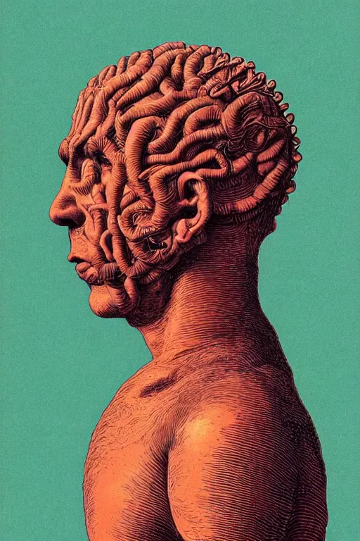 Prompt: a vibrant ultraclear sideview waist up portrait of cornrow humanoid by rene magritte, etching by gustave dore, by laurie greasley, colorful flat surreal, ethereal, intricate, sharp focus, illustration, highly detailed, digital painting, concept art, masterpiece