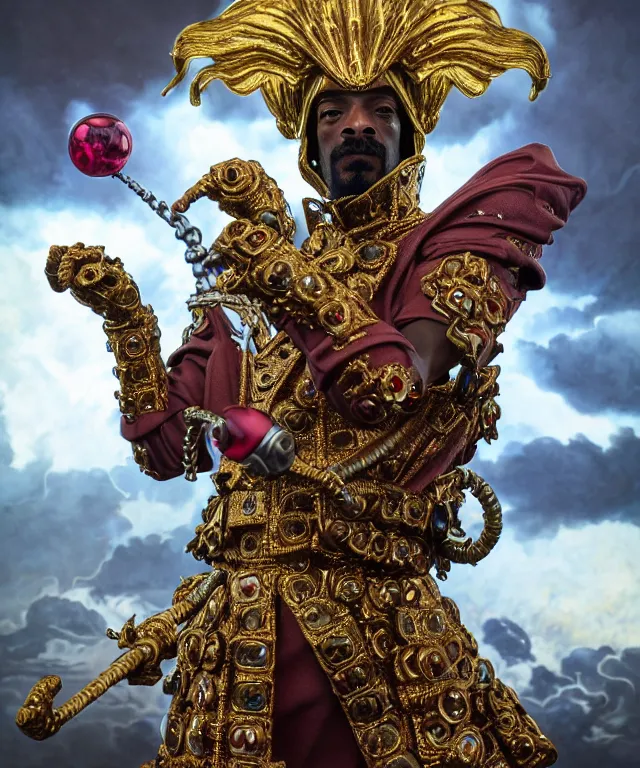 Image similar to hyperrealistic rendering, epic boss battle, ornate supreme snoop dogg, jewel crown, battle armor, by art of skinner and richard corben and artgerm and greg rutkowski and alphonse mucha, product photography, action figure, sofubi, storm clouds, outside, lightning