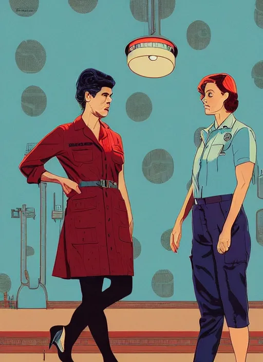 Image similar to Twin Peaks art, of Michael Shannon dressed as mechanic talking to Jennifer Connelly wearing light blue diner waitress dress, poster artwork by Tomer Hanuka and Kilian Eng, from scene from Twin Peaks, simple illustration, domestic, nostalgic, from scene from Twin Peaks, clean, New Yorker magazine cover