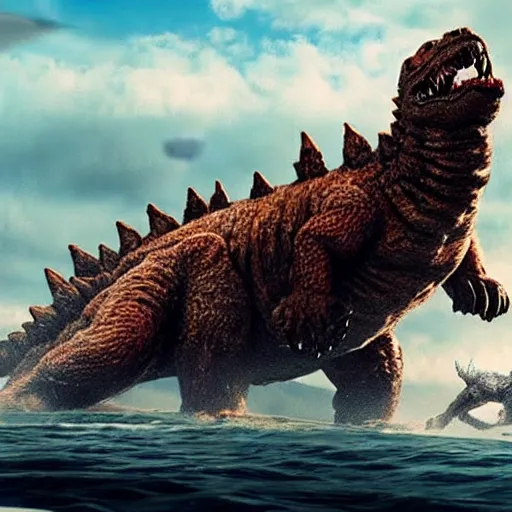 Image similar to gigantic 1 0 0 meters beagle dog fighting with godzilla over the sea, epic cinematic, 4 k, very high detail