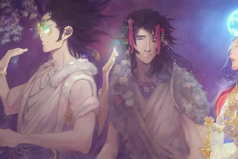 Image similar to close up moment of a divine a japan sun god and a moon goddess lovers magician at a wedding banquet, highly detailed, d & d, fantasy, 4 k realistic, digital painting, trending on artstation, concept art, sharp focus, illustration, art by makoto shinkai and akihiko yoshida and daniel gerhartz