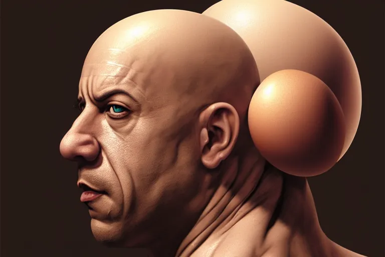 Image similar to vin diesel head in egg cup, silver egg cup, head is an egg, hyper detailed, digital art, artstation, cinematic lighting, studio quality, smooth render, by boris vallejo, android jones, artgerm, caravaggio