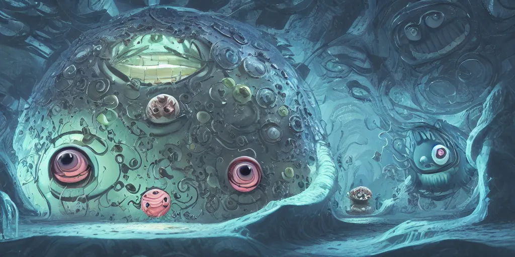 Image similar to of an intricate deep sea with strange cute friendly happy creatures with huge eyes, long tongue, round teeth and goofy funny face, appearing from the background, in the style of gehry and gaudi, macro lens, shallow depth of field, ultra detailed, digital painting, trending artstation, concept art, illustration, cinematic lighting, photorealism, epic, octane render