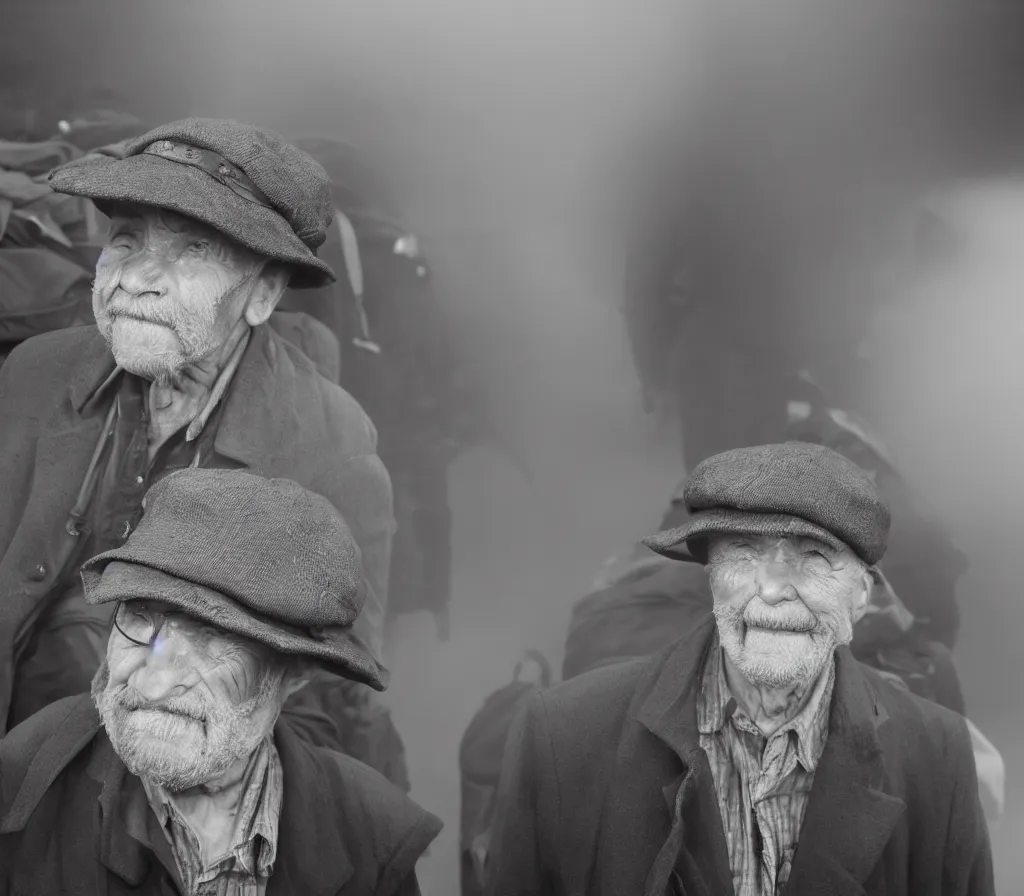 Prompt: Old man with a newsboy hat waits for a train with heaps of baggage on a foggy platform, low angle, morning hard light