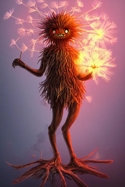 Image similar to a glowing humanoid figure dandelion monster with large glowing eyes, highly detailed, digital art, sharp focus, trending on art station, artichoke, anime art style