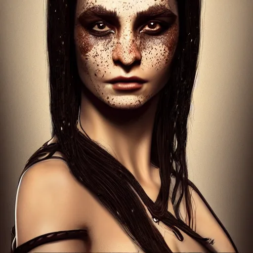 Prompt: pretty woman with long black hair, freckles on face, suntanned skin, dark brown middle eastern eyes narrowed, scar on left side of neck, wearing black armor, digital art, hyperdetailed, hyperrealistic, 4 k, 8 k