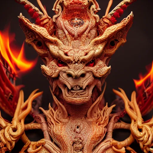 Image similar to a closeup portrait photo, alabaster and ruby real delicate ceramic porcelain sculpture of an ornate detailed humanoid dragon demon devil god in front of an intricate background by rafael, micro detail, backlit lighting, subsurface scattering, translucent, thin porcelain, fire, flames, amber, octane renderer, colorful, physically based rendering, trending on cgsociety