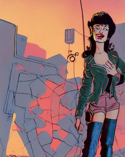 Image similar to young female protagonist in leather jacket, city street, artwork by ralph bakshi