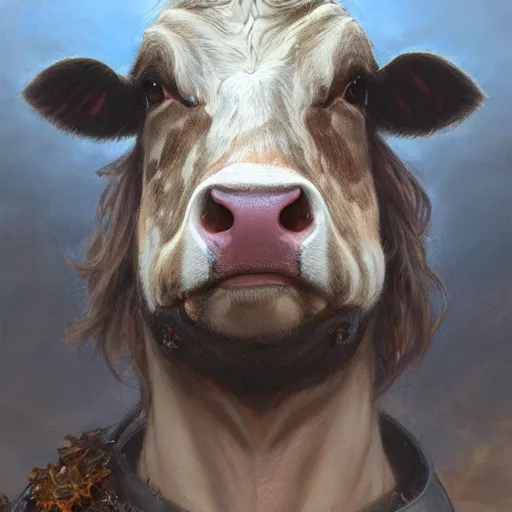 Image similar to cow as a realistic fantasy knight, closeup portrait art by donato giancola and greg rutkowski, realistic face, digital art, trending on artstation, symmetry!!