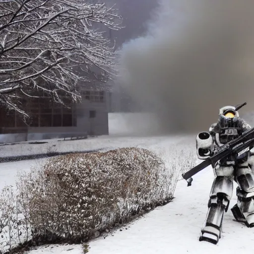 Image similar to snowy fields, snowy trees, partisans with guns, humanoid robots with machine guns, billowing smoke in the distance