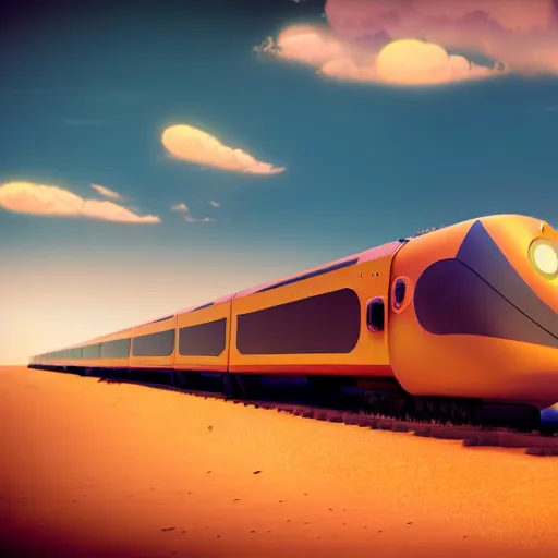 Image similar to futuristic train in a desert, painting, octane render, 4 k, anime sky, warm colors