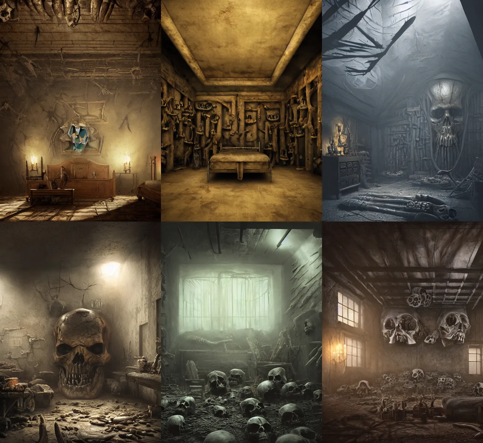 Prompt: creepy cinematic low angle shot of a realistically rendered rustic room and a wall of skulls, matte painting, illustration, dramatic lighting, moody lighting, dark colors, golden ratio, rule of thirds, environmental design, cinematic perspective, 8 k, realistic lighting, realistic shading, octane render, predator 2, in the style of lawrence g paull production design