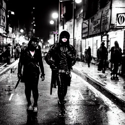 Image similar to flash night photography of punks and goths on the lower east side, nighttime, raining!