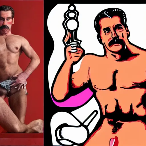 Image similar to lgbt art, tom of finland style, stalin, love with lenin, in billy herrington body, in gym, art in 4 k, high quality