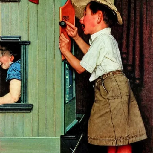 Prompt: A kid talking in a very tall telephone, art by Norman Rockwell