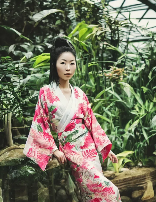 Image similar to photograph of a beautiful Japanese woman wearing a pretty kimono in a tropical greenhouse, by Annie Leibowiz, by Alessio Albi, extremely detailed, large format camera, Fuji Provia, bokeh, blurred background, photorealistic, trending on instagram