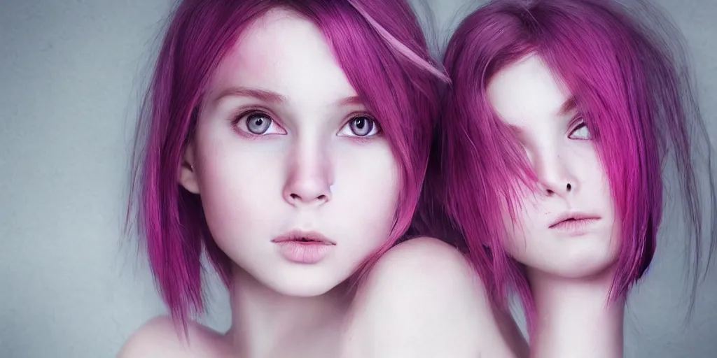 Prompt: Beutifull girl , white skin, pink hair, magenta eyes pupill, simetryc face proportion , portait, wlop,