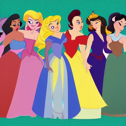 Image similar to All the Disney Princesses in a group hug, digital art