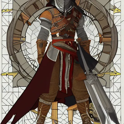 Image similar to an ultra detailed vector image of solaire of astora dressed as ezio auditore, concept art by alphonse mucha and greg rutkowski, praise the blood moon, octane render, liminal space