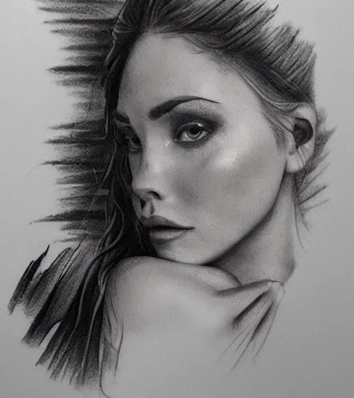 Image similar to tattoo design sketch of a beautiful woman face with a faded background of beautiful mountains and nature on her left side, hyper - realistic, in the style of den yakovlev, amazing detail, black and white