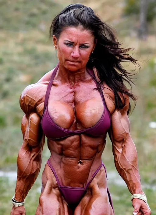 Image similar to beautiful bodybuilder woman warrior during the thermopolis carnage