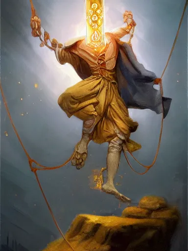 Prompt: tarot hanged man, enlightenment. tied upside down. intricate, elegant, highly detailed, digital painting, artstation, concept art, sharp focus, illustration, by justin gerard and artgerm, 8 k