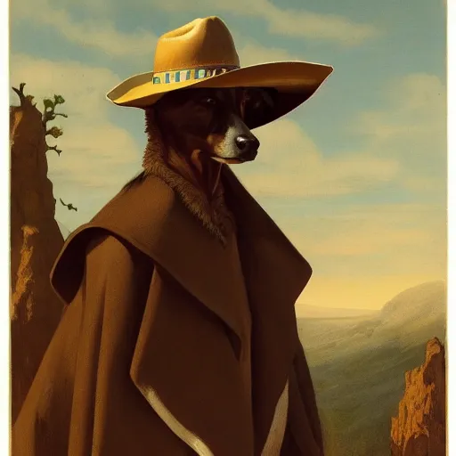 Prompt: a person with the head of a dog and the body of a slender man wearing a cowboy hat and poncho. By Zabrocki, Raphael Lacoste. JC Leyendecker.