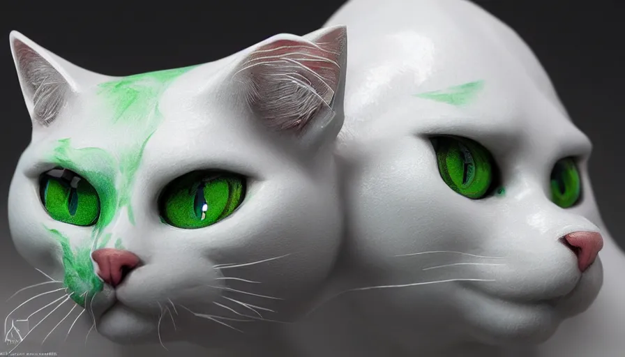 Prompt: hand painted figurine of white cat with green eyes, snow, hyperdetailed, artstation, cgsociety, 8 k