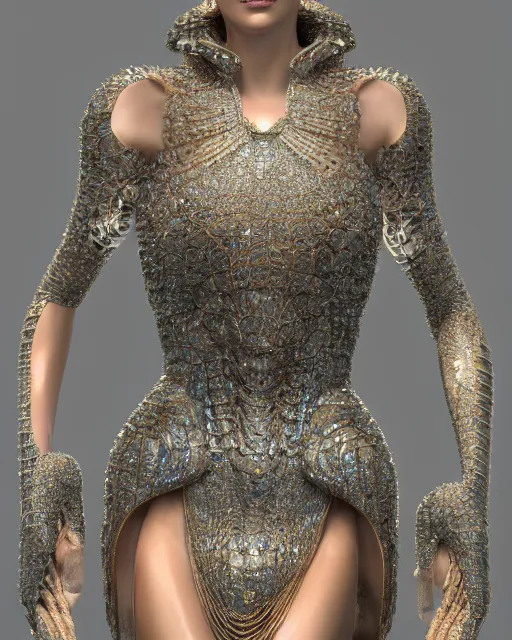 Image similar to a highly detailed metahuman 8 k close up render of bella hadid as surrealism renaissance in iris van herpen dress schiaparelli in diamonds crystals swarovski and jewelry iridescent in style of alphonse mucha gustav klimt trending on artstation made in unreal engine 4