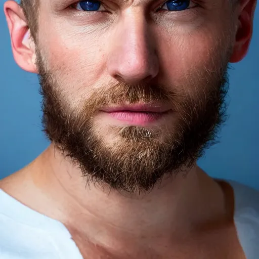 Prompt: close up of face of very handsome 4 0 year old slavic blond man with blond stubble, very short wavy blond hair in a short pompadour style, very pale skin, blue eyes, hairy shoulders, hairy chest, portrait, 4 k