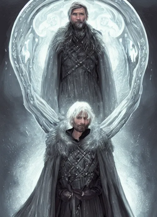 Prompt: Portrait of Mads Mikkelsen as a hexblade warlock aasimar, white glowing eyes, silver shaggy hair, short scruffy beard, cloak, teal ethereal tendril wings, male, fantasy, extremely detailed, digital painting, artstation, concept art, smooth, sharp focus, illustration, stunning lighting, art by artgerm and greg rutkowski and alphonse mucha and simon stalenhag, realistic character concept, high fantasy, light atmosphere, golden ratio, cinematic lighting, hyperdetailed, high resolution, insanely detailed and intricate, artstation, Marc Simonetti, Greg Rutkowski