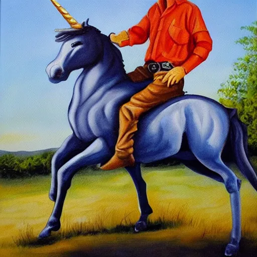 Prompt: a painting of a cowboy riding a unicorn.