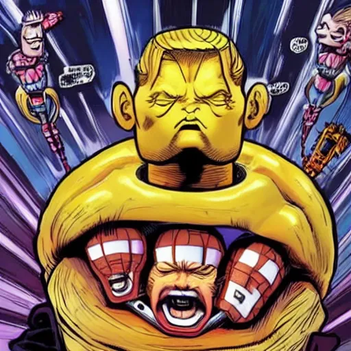 Image similar to donald trump's head as modok, the mental organism designed only for killing, little man in hovering throne, full body, psychic alien with huge head, marvel supervillain character