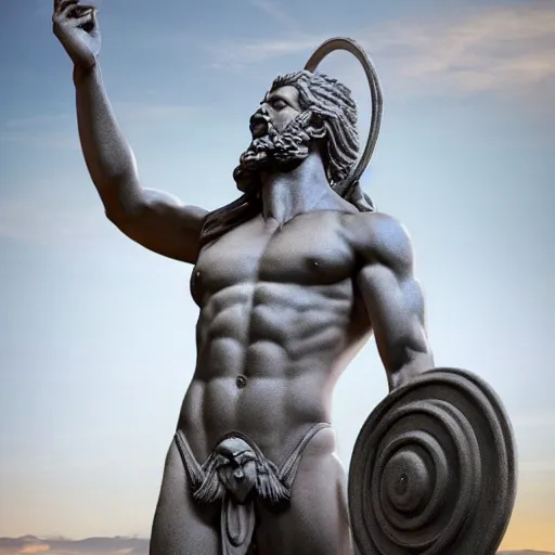 Image similar to The sculpture of the god Zeus where the goddess Athena emerges from his head with her arms outstretched, style by Ron Cobb, realistic, highly detailed background, artstation, fantasy, 8k, digital art, Hyper-realistic, 4K, Unreal Engine, Highly Detailed