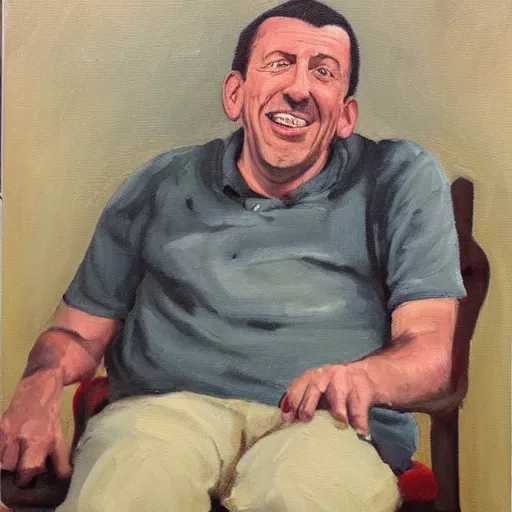 Image similar to adam sandler as a very old man sitting in a rocking chair, oil painting