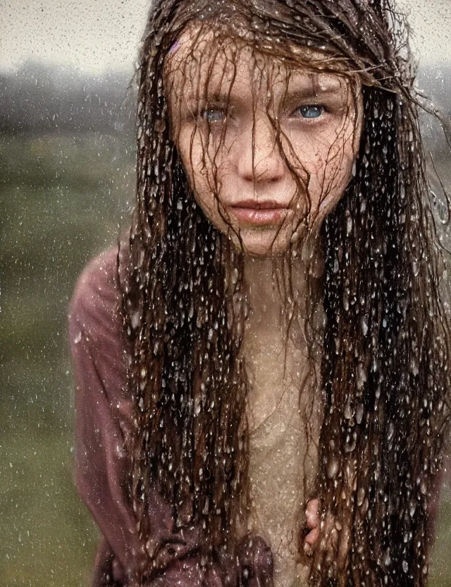 Image similar to wet long hair very beautiful happy peasant girl under the rain, without umbrella, country style, stones and lake background, portrait, Cinematic focus, Polaroid photo, vintage, neutral colors, soft lights, foggy, by Steve Hanks, by Serov Valentin, by lisa yuskavage, by Andrei Tarkovsky 8k render, detailed, oil on canvas