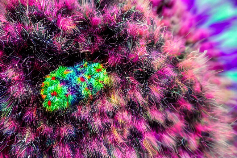 Image similar to an amazing fluffy caterpillar with psychedelic colors, macro photography, fiberous hairs and very detailed capture photography 8 k, sony, nikkon, cannon