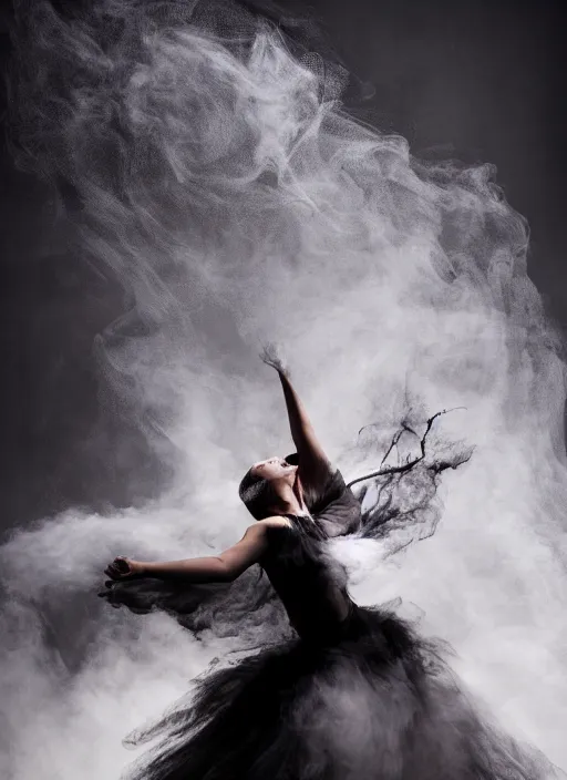 Image similar to a Photorealistic dramatic hyperrealistic render of a glamorous beautiful Female smoke dancer by Ken Brower and Deborah Ory of NYC Dance project,Lois Greenfield,Flowing cloth and smoke,Beautiful dynamic dramatic dark moody lighting,volumetric,shadows,cinematic atmosphere,Octane render,8K