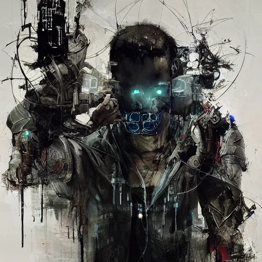 Image similar to cybernetic hunter, cyberpunk, wires, skulls, machines by emil melmoth zdzislaw belsinki craig mullins yoji shinkawa realistic render ominous detailed photo atmospheric by jeremy mann francis bacon and agnes cecile ink drips paint smears digital glitches glitchart